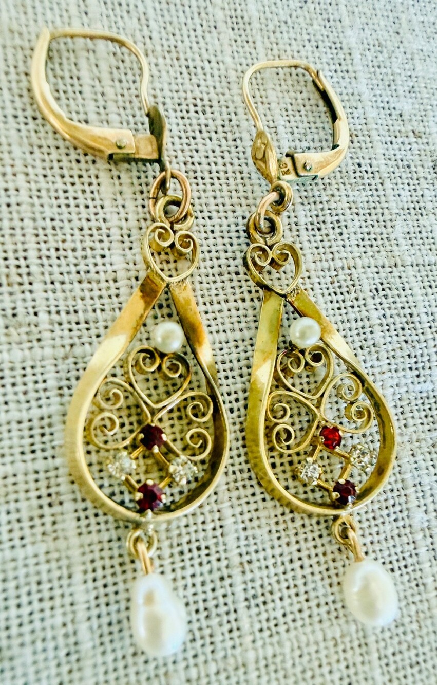 Vintage Rolled Gold Filigree Garnet Pearl Drop Earrings Victorian Revival